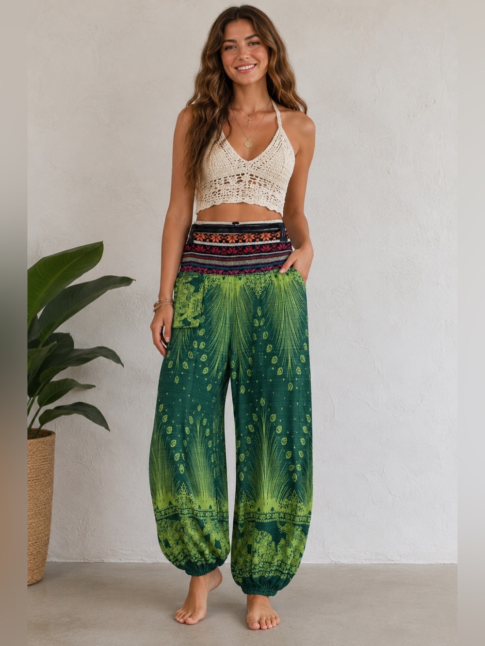 Boho Green Printed Harem Pants